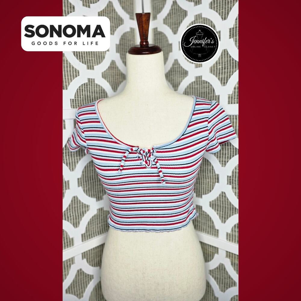 SO Juniors Striped Front Tie Short Sleeve Crop Top Size XS